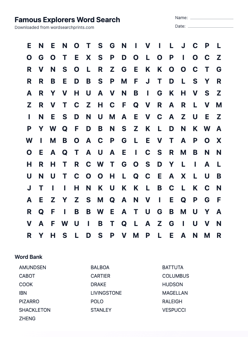 Famous Explorers Word Search
