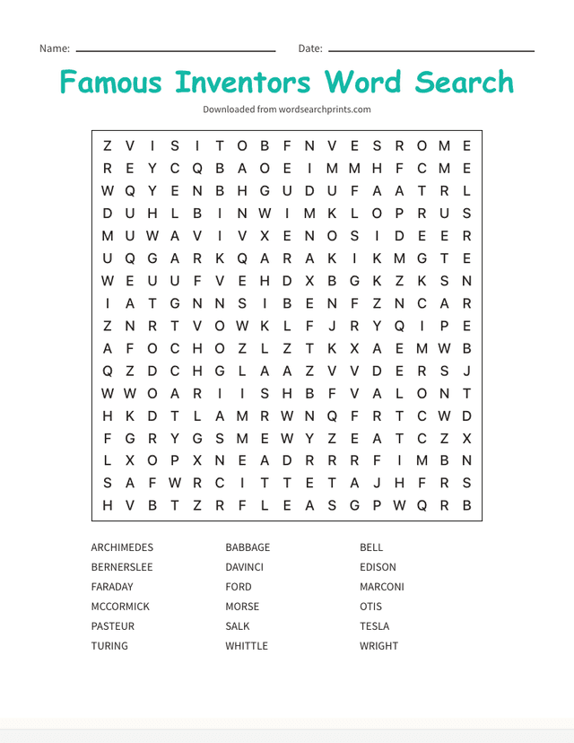 Printable famous inventors early finisher word search puzzle