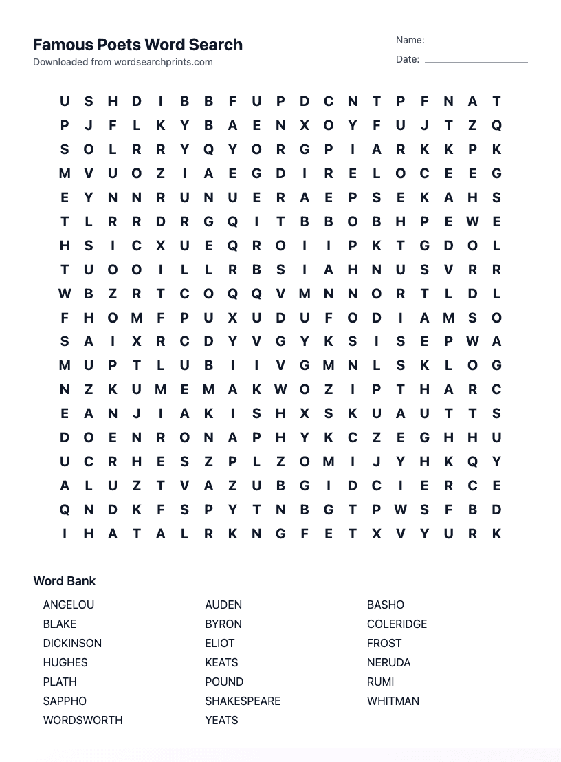 Famous Poets Word Search