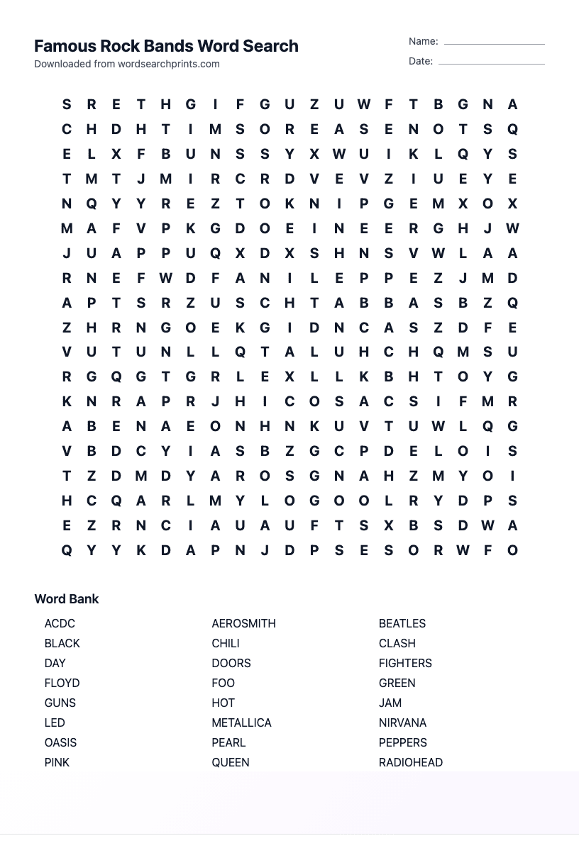 Famous Rock Bands Word Search