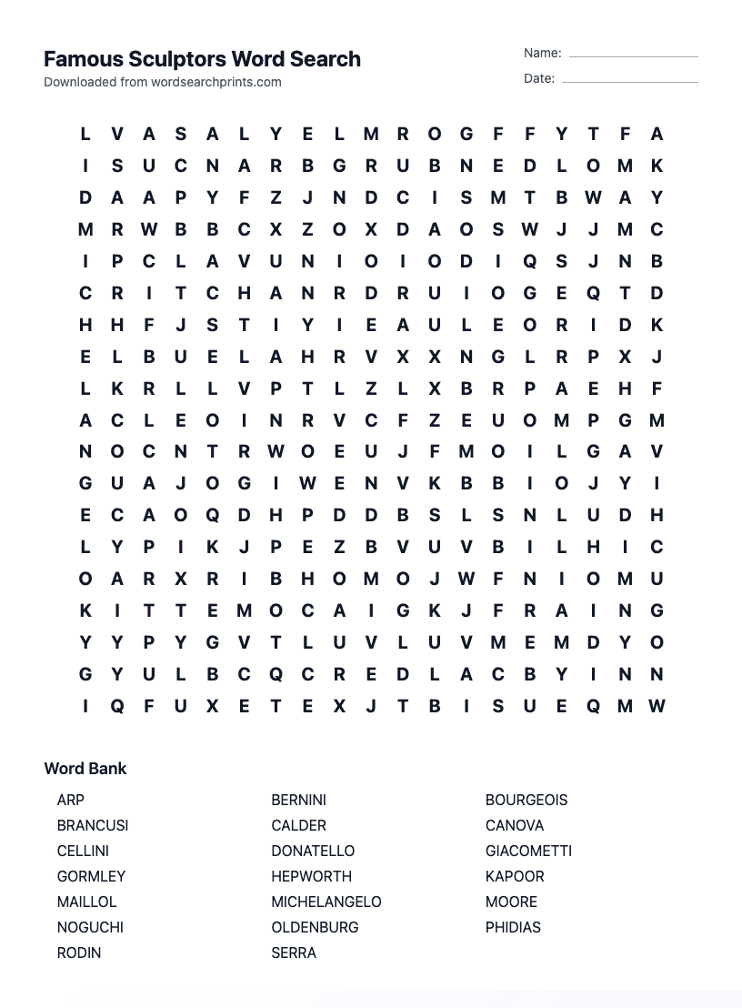 Famous Sculptors Word Search