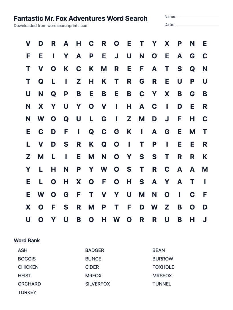 Fantastic Mr. Fox Adventures Word Search
