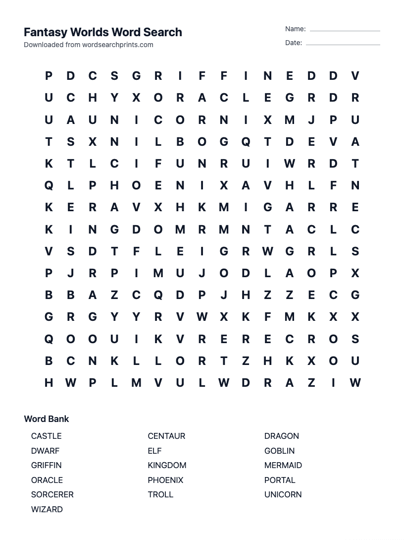 Fantasy Worlds Word Search