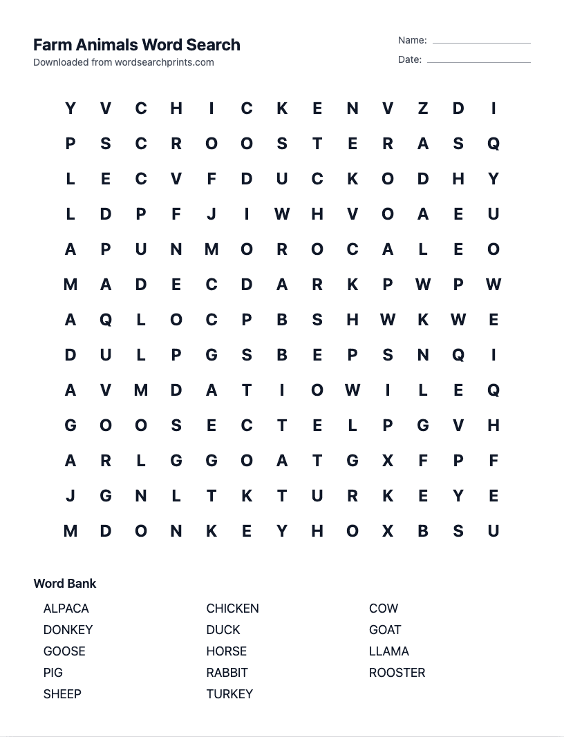 Farm Animals Word Search