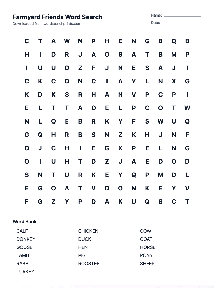 Farmyard Friends Word Search