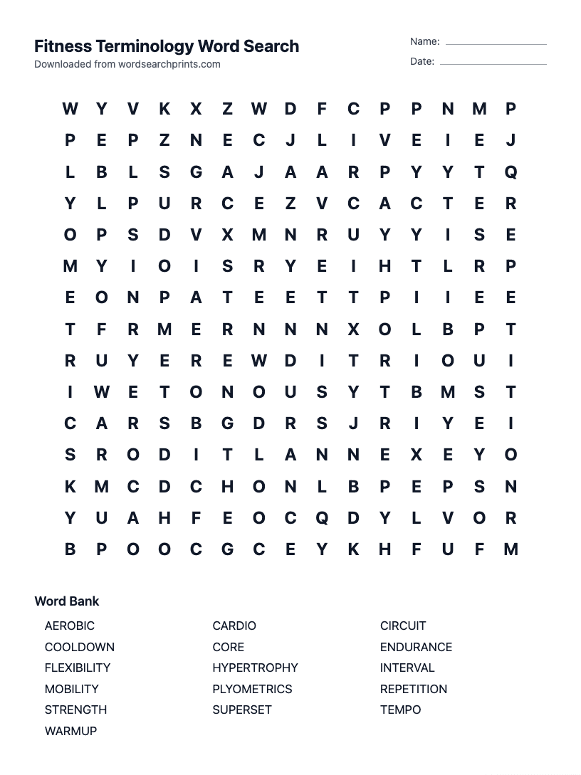 Fitness Terminology Word Search