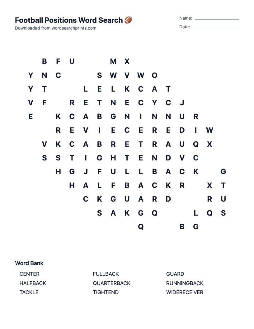 Football Positions Word Search
