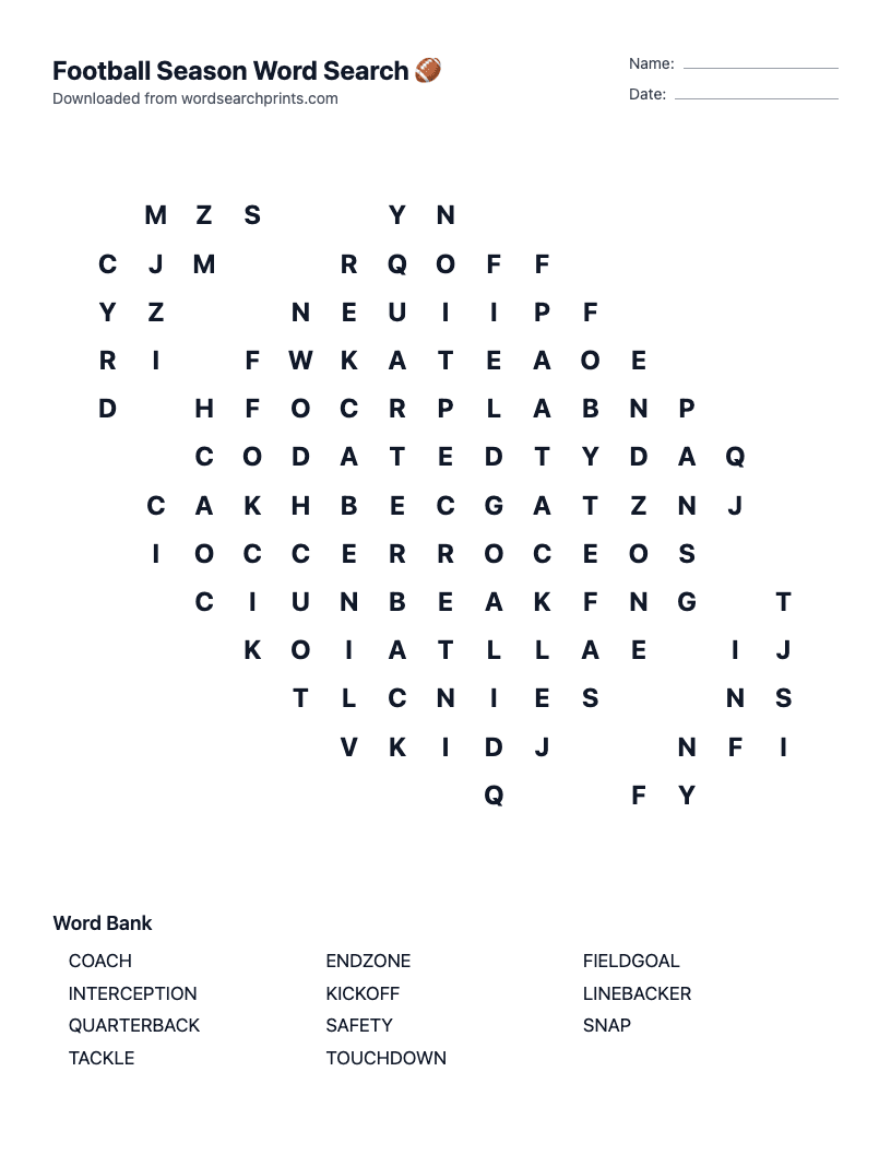 Football Season Word Search