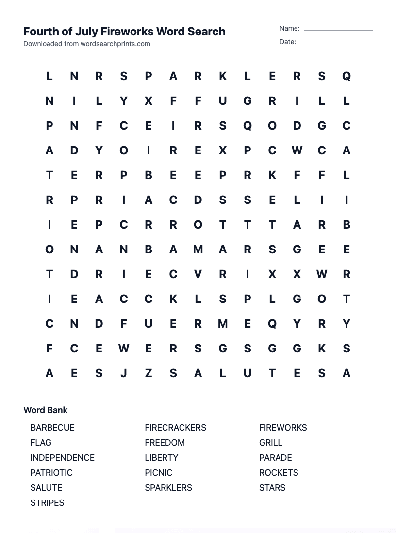 Fourth of July Fireworks Word Search