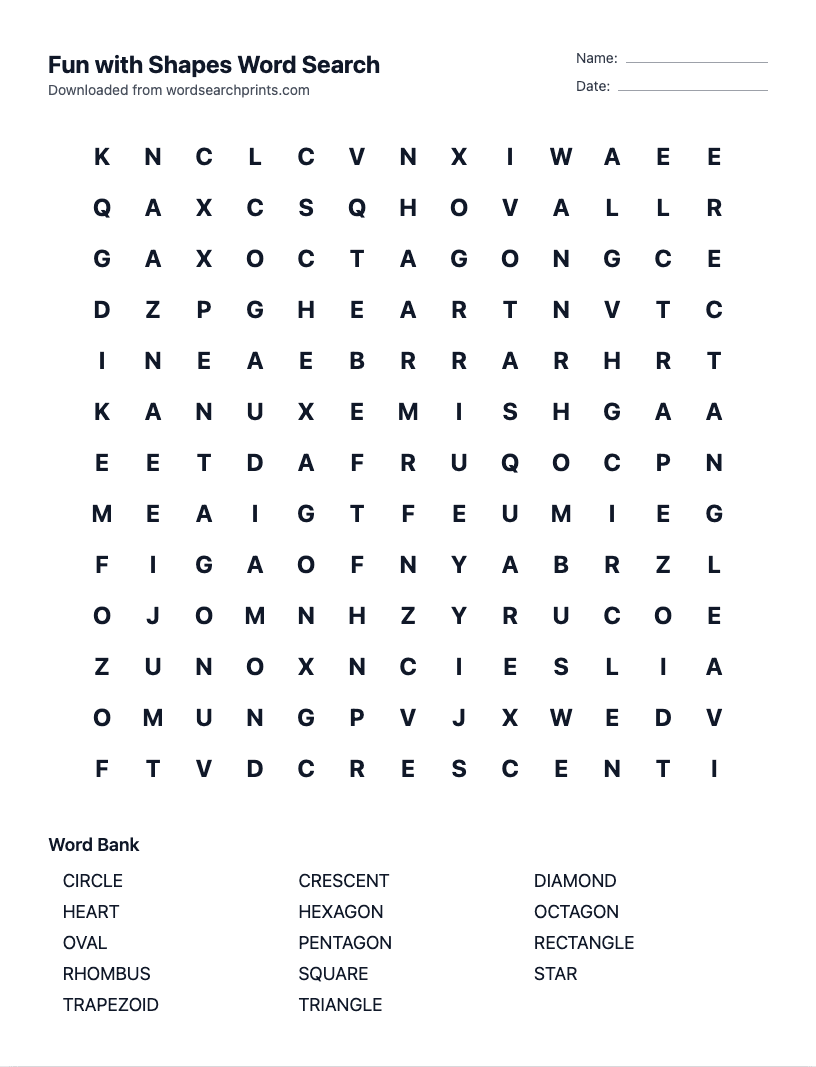 Fun with Shapes Word Search