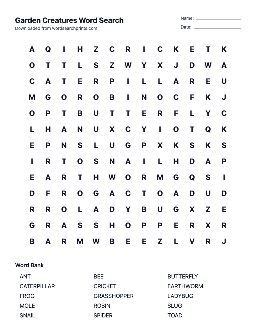 Garden Creatures Word Search