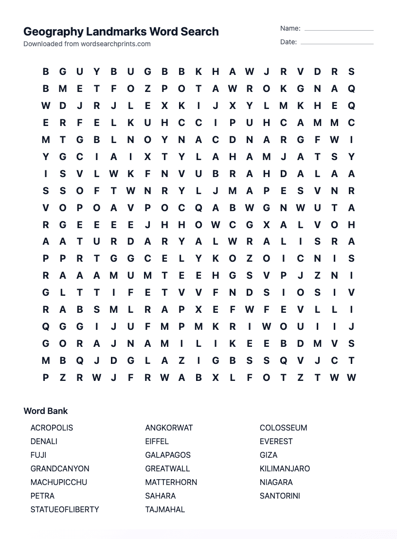 Geography Landmarks Word Search