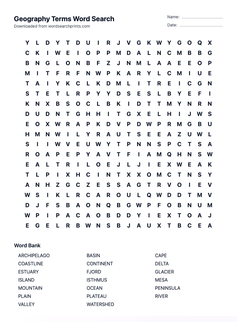 Geography Terms Word Search
