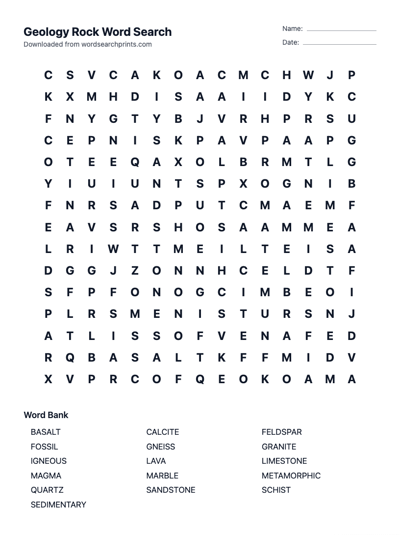 Geology Rock Word Search
