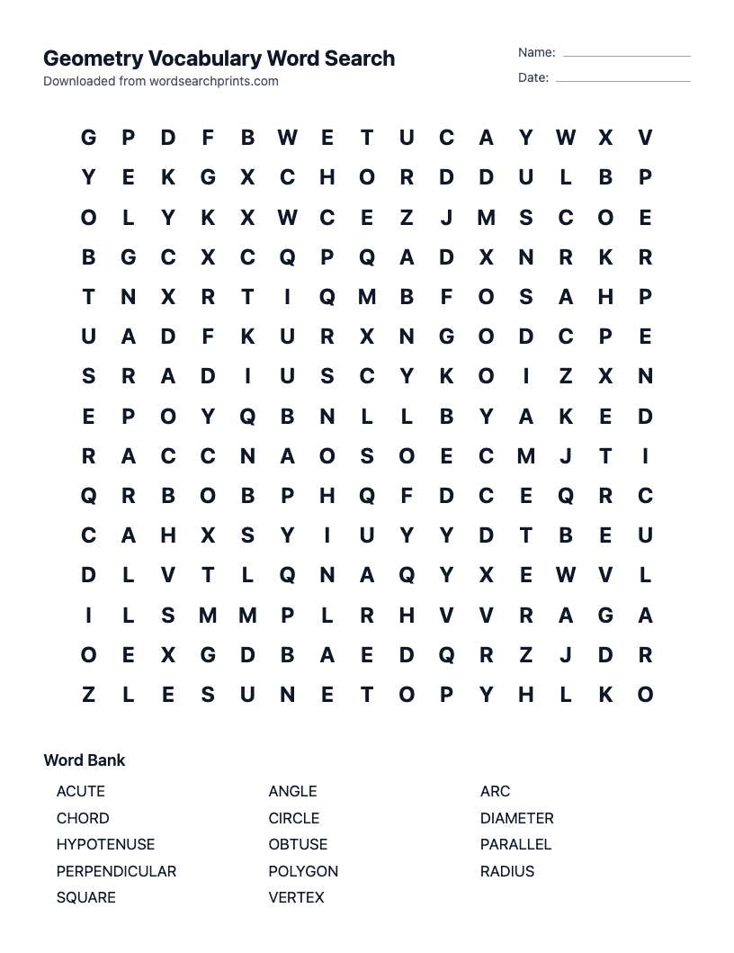 Geometry Vocabulary Word Search