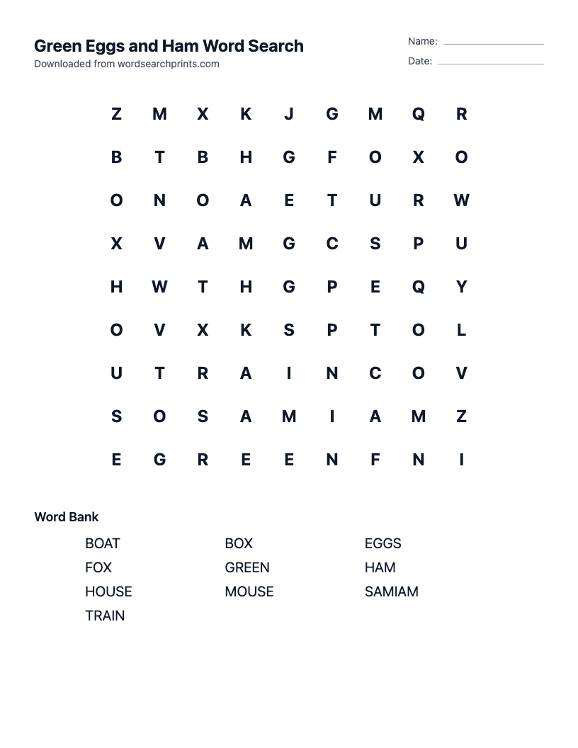 Green Eggs and Ham Word Search