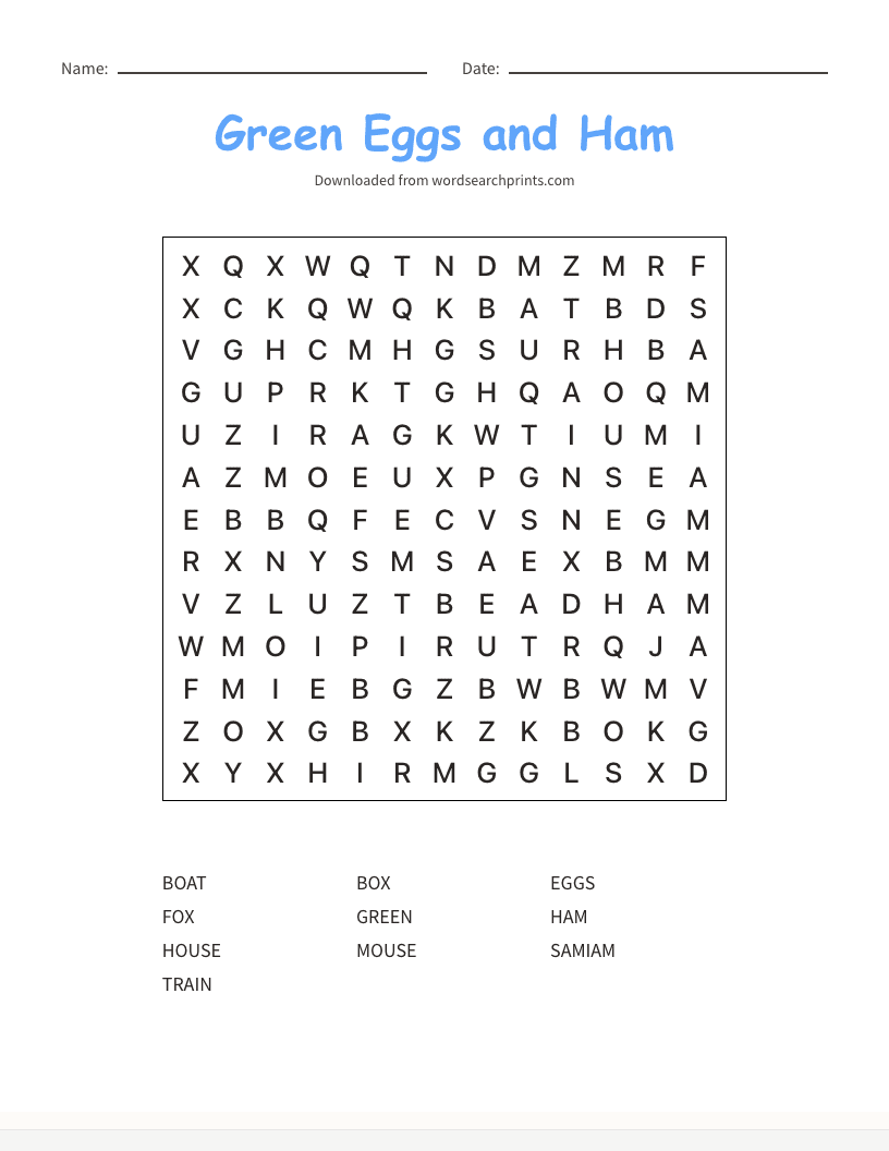 Green Eggs and Ham Word Search