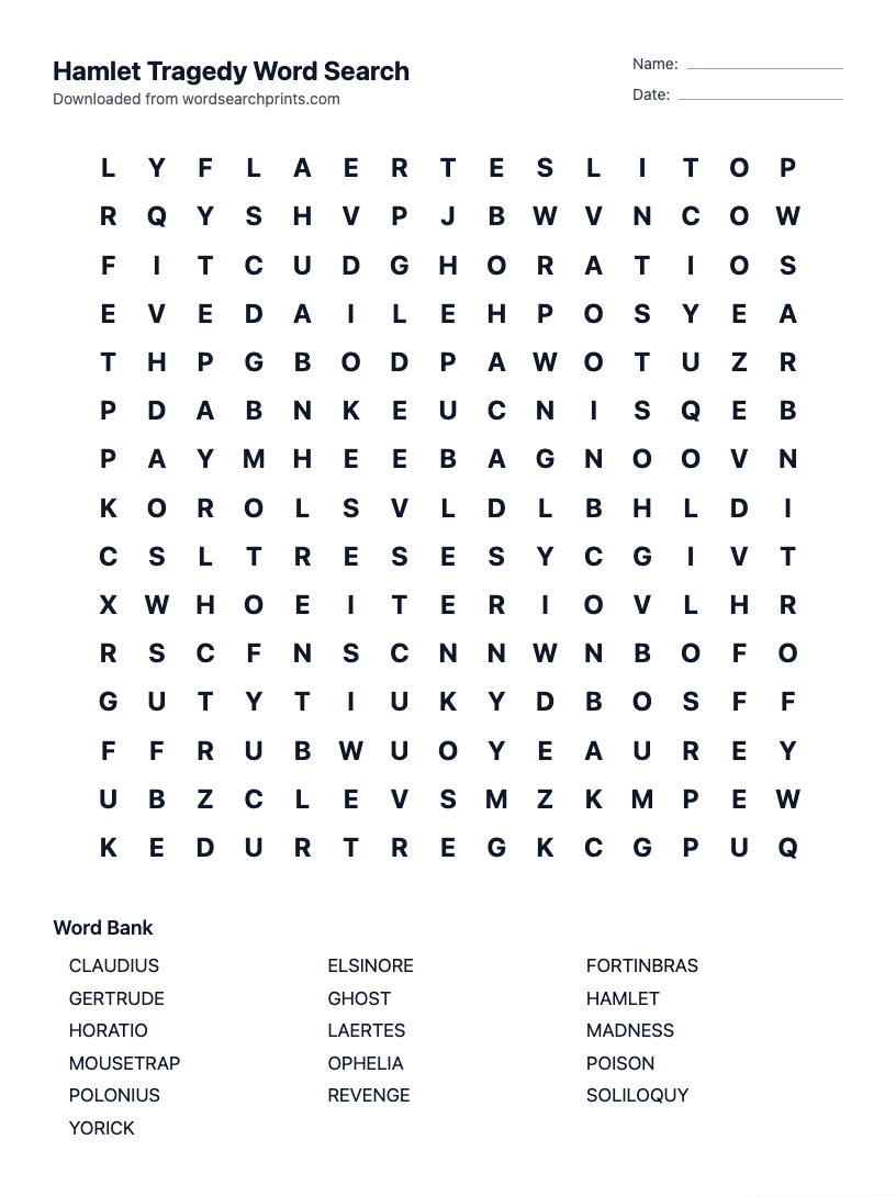 Hamlet Tragedy Word Search