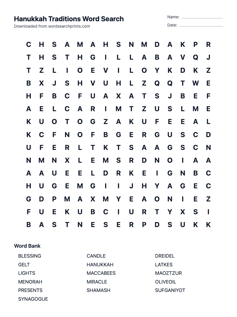 Hanukkah Traditions Word Search