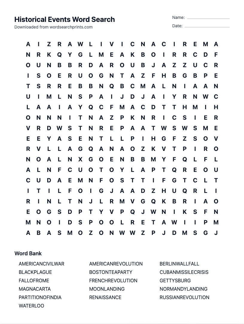 Historical Events Word Search