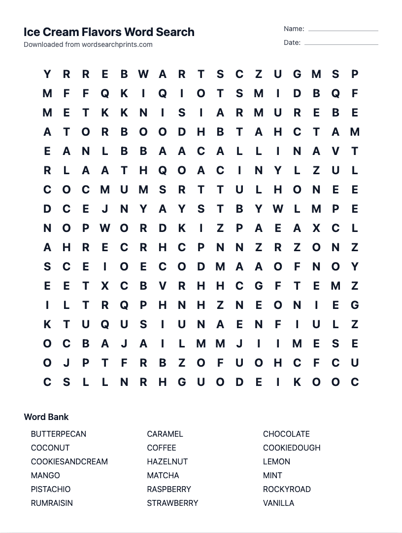 Ice Cream Flavors Word Search