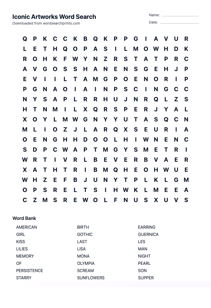 Iconic Artworks Word Search