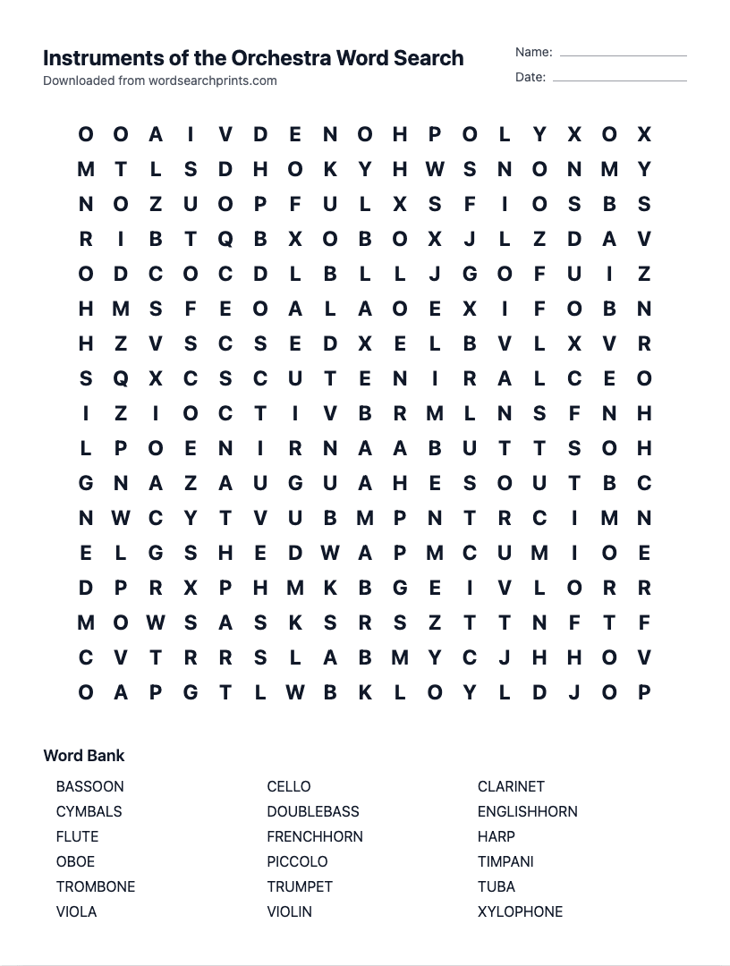 Instruments of the Orchestra Word Search