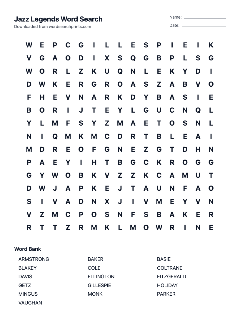Jazz Legends Word Search