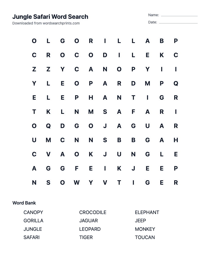 Jungle Safari Word Search