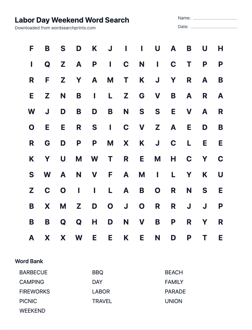 Labor Day Weekend Word Search