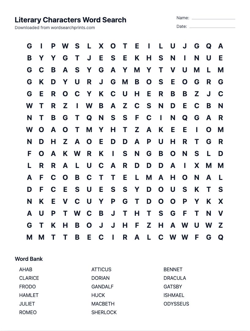 Literary Characters Word Search