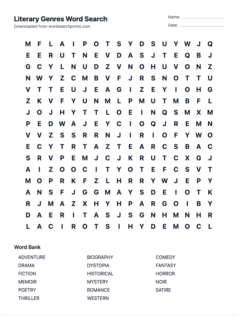 Literary Genres Word Search