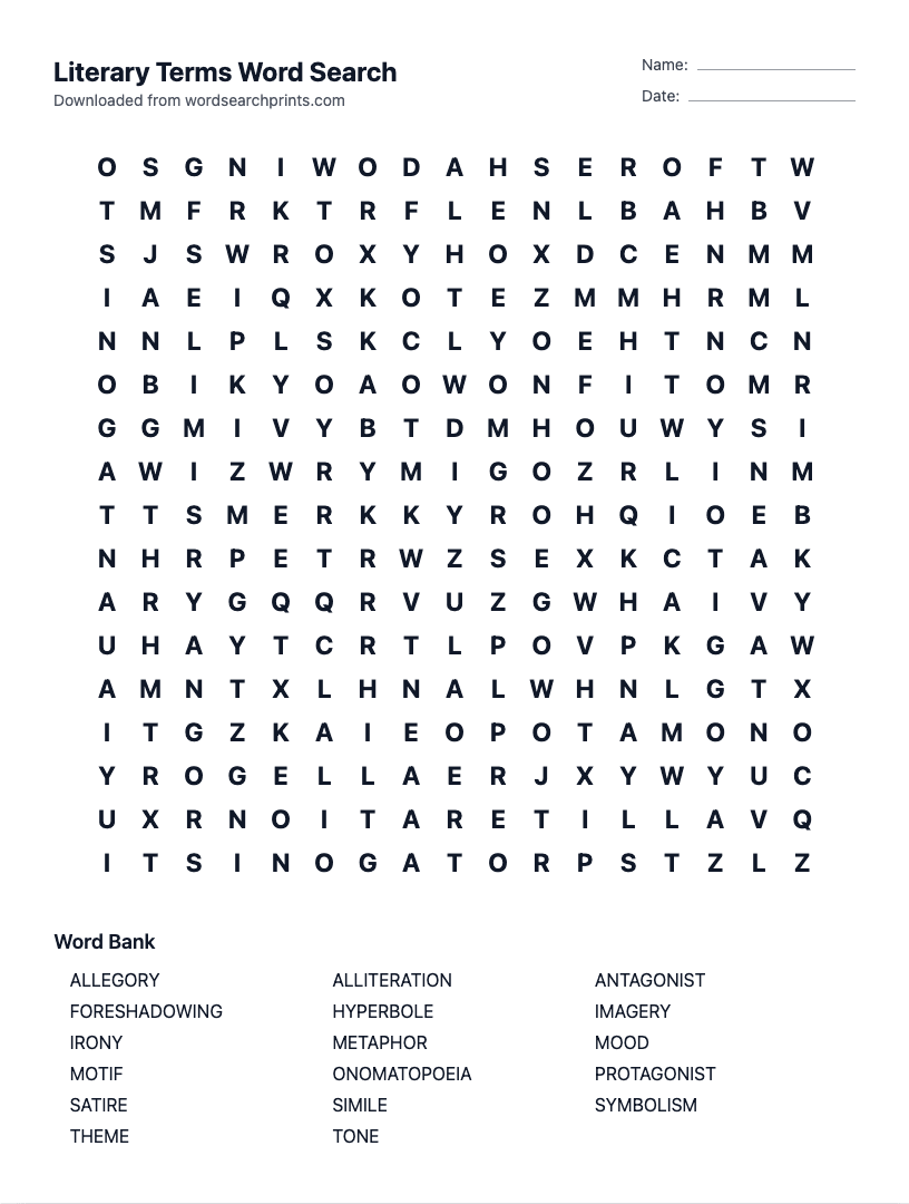 Literary Terms Word Search