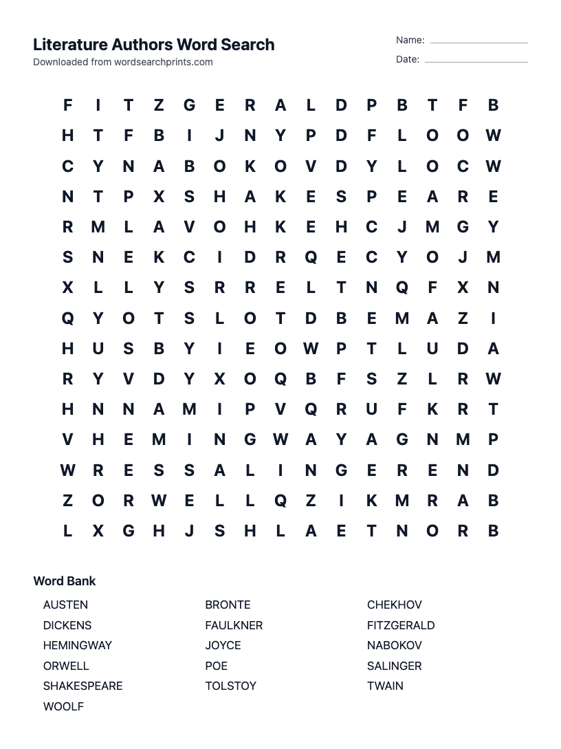 Literature Authors Word Search