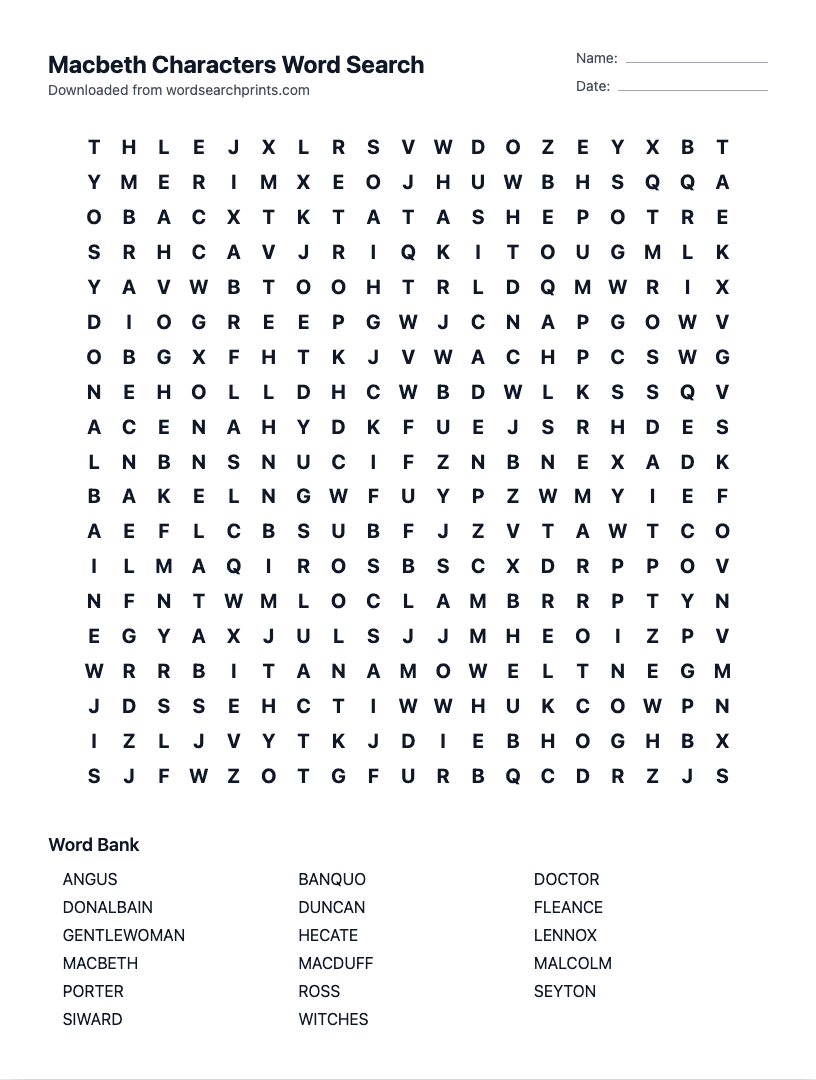 Macbeth Characters Word Search
