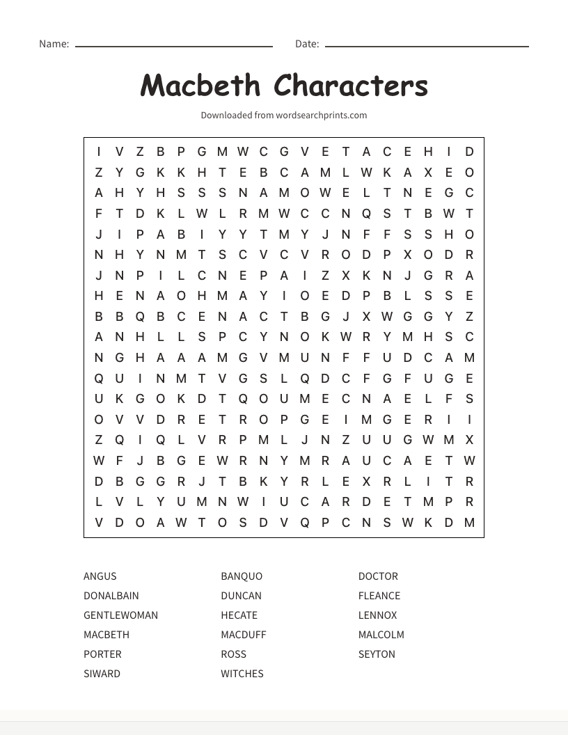 Macbeth Characters Word Search