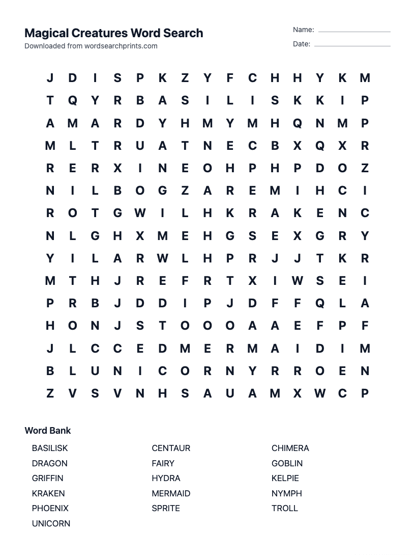 Magical Creatures Word Search