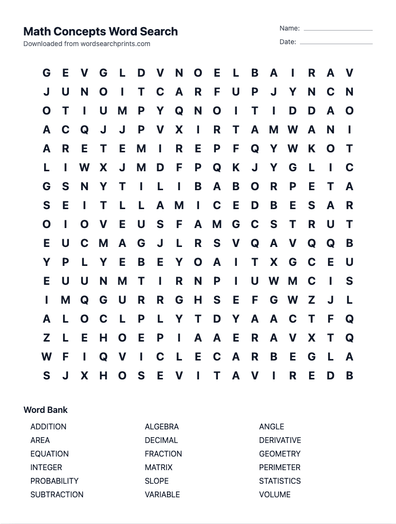 Math Concepts Word Search