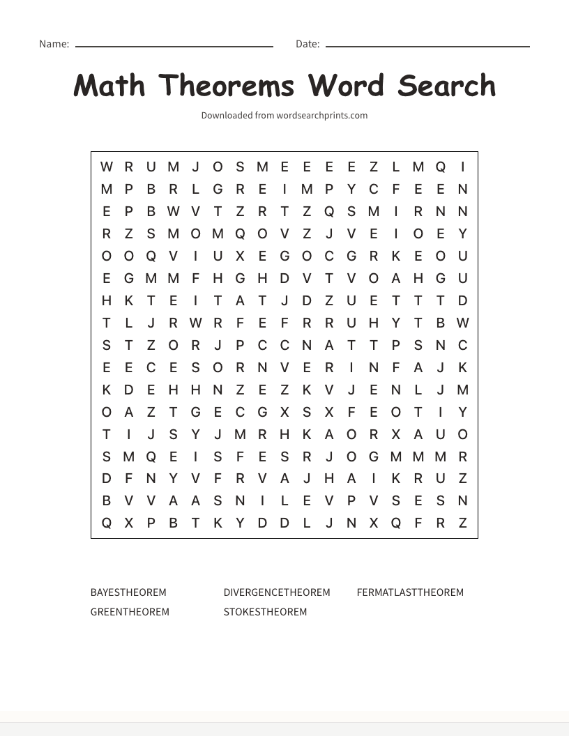 Math Theorems Word Search