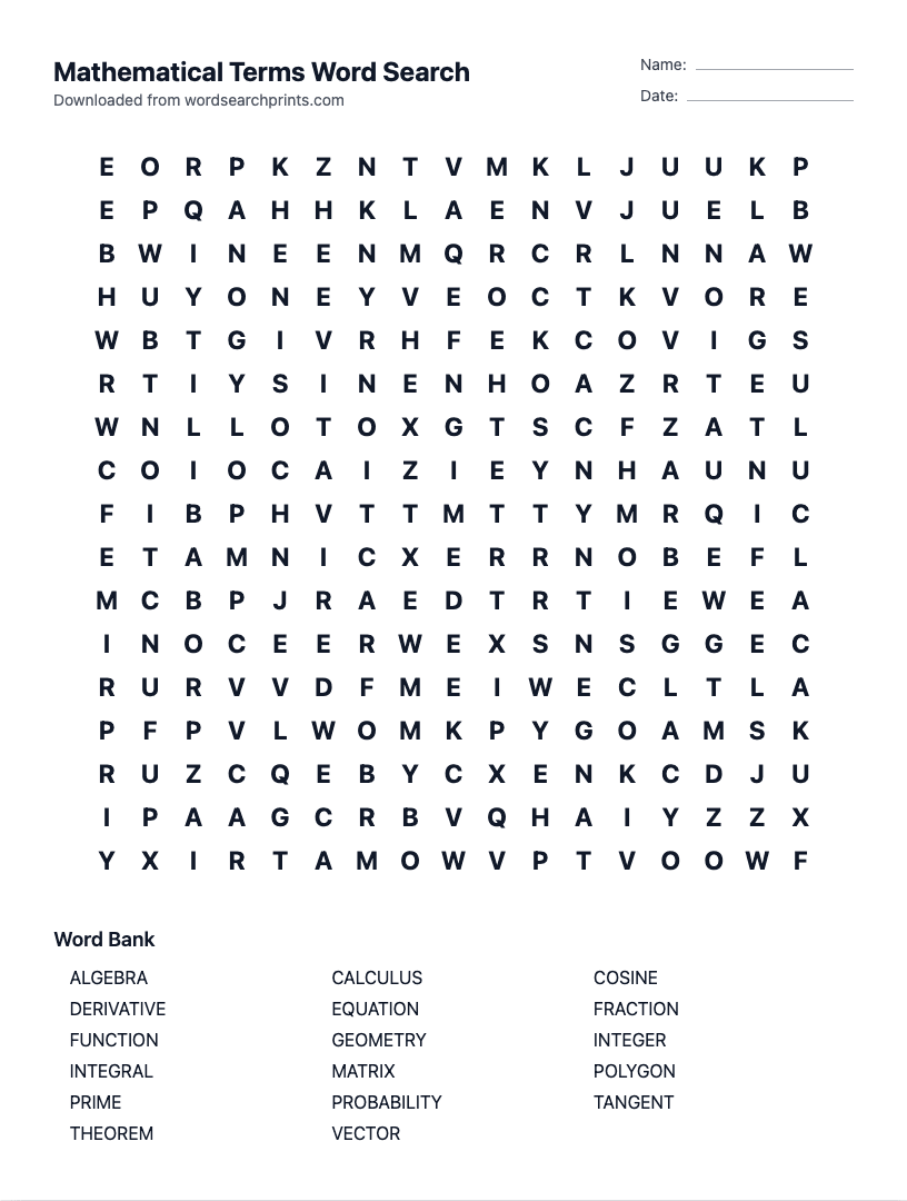 Mathematical Terms Word Search