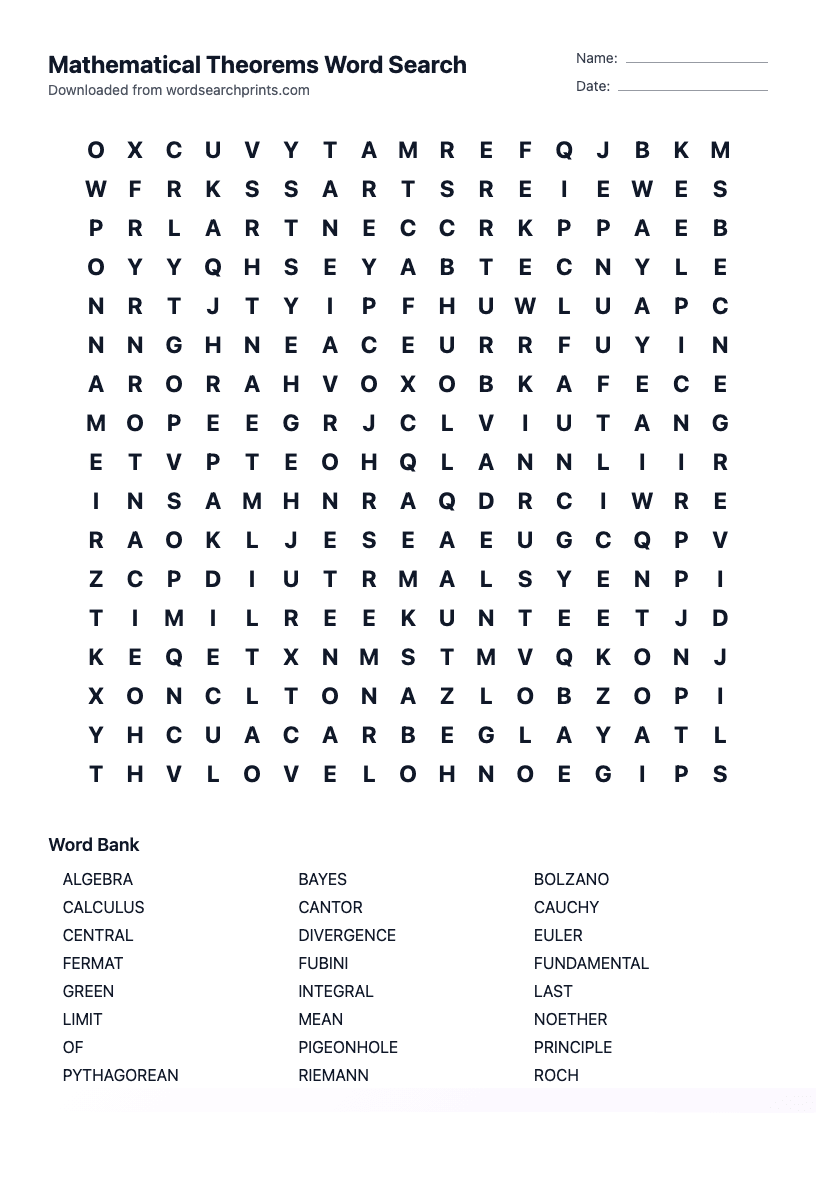 Mathematical Theorems Word Search
