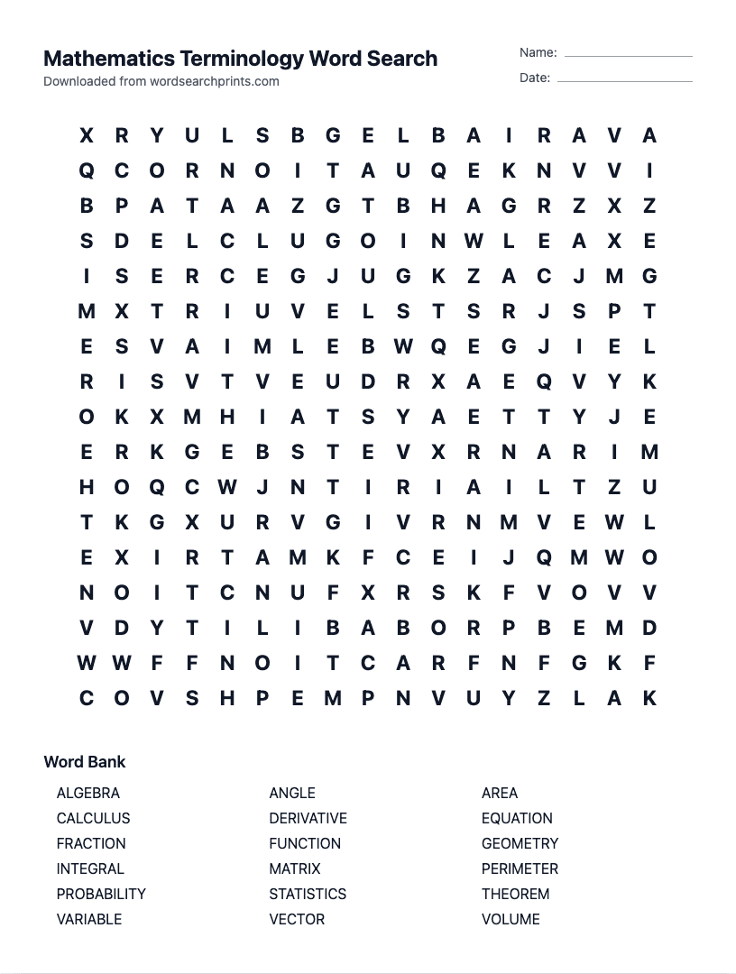 Mathematics Terminology Word Search
