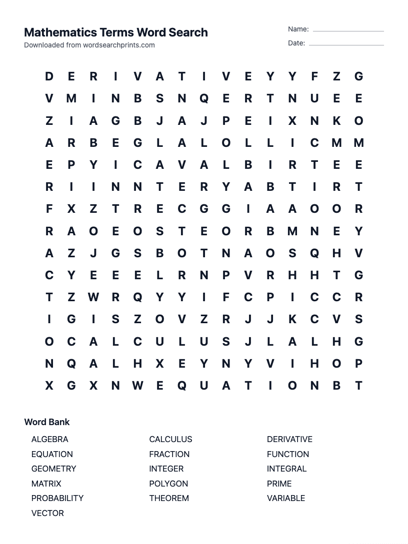 Mathematics Terms Word Search