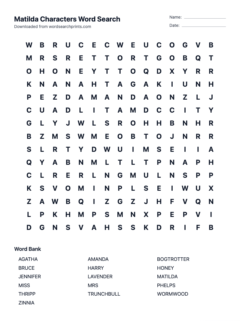 Matilda Characters Word Search