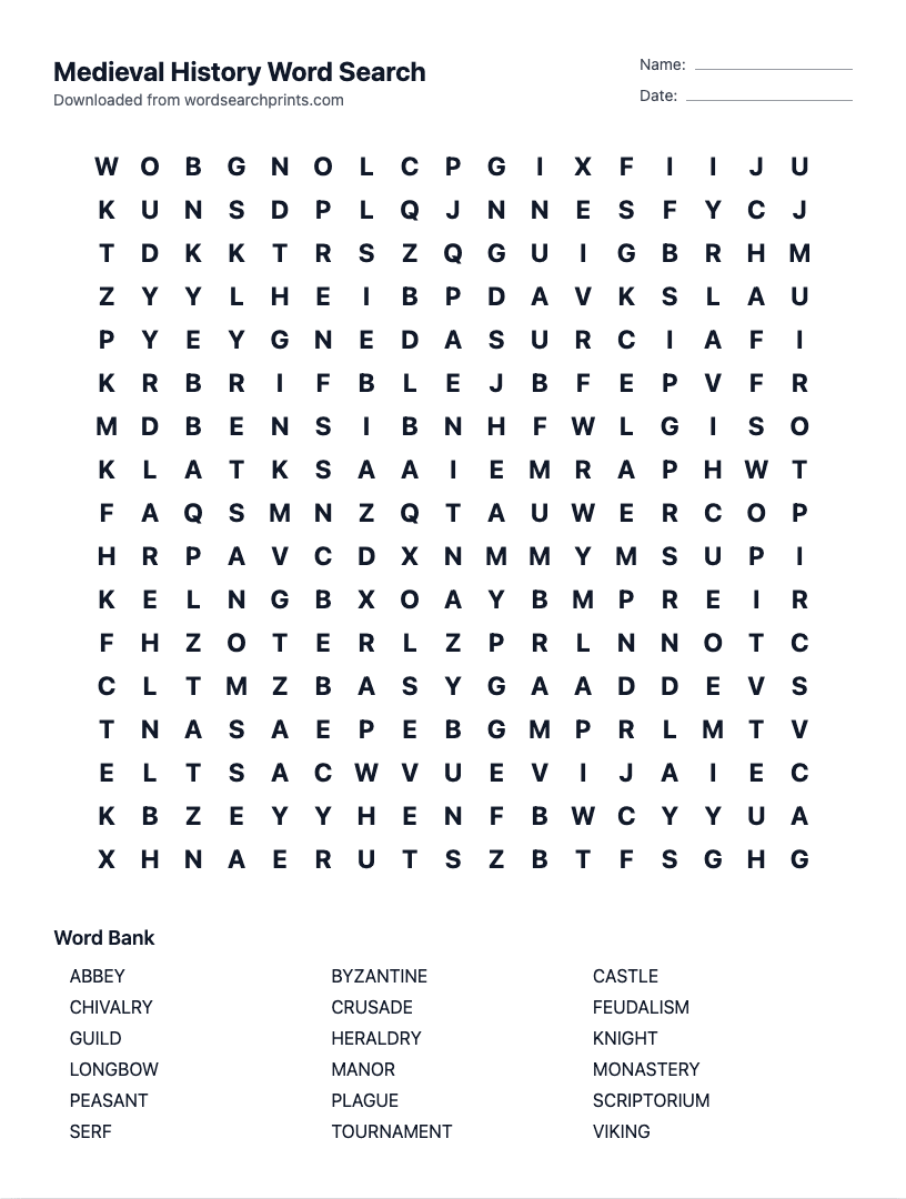 Medieval History Word Search