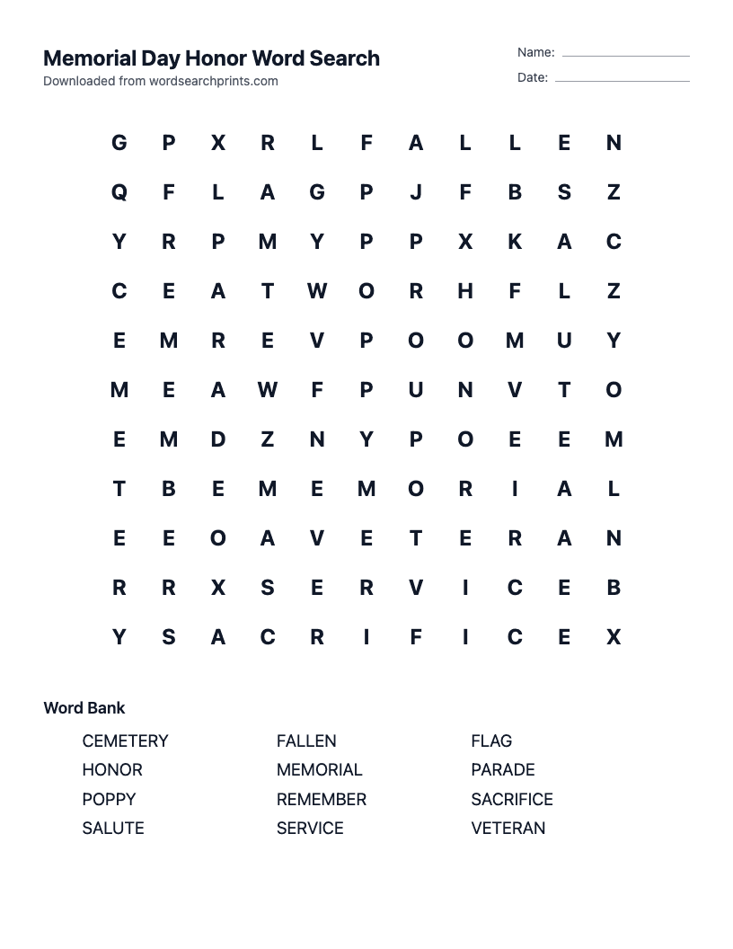 Memorial Day Honor Word Search