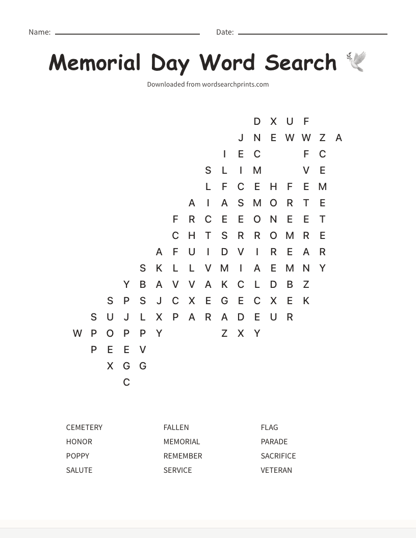 Memorial Day Word Search