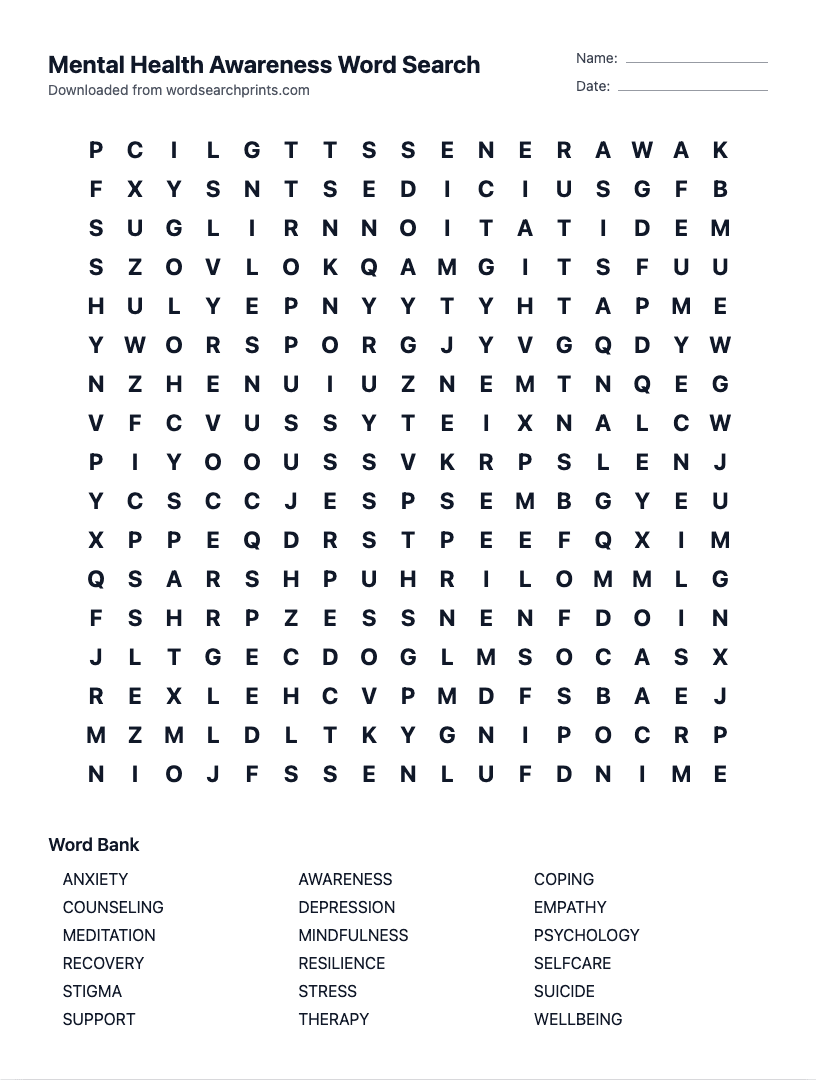Mental Health Awareness Word Search