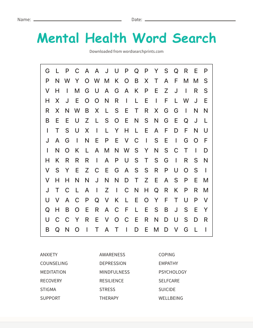 Mental Health Word Search
