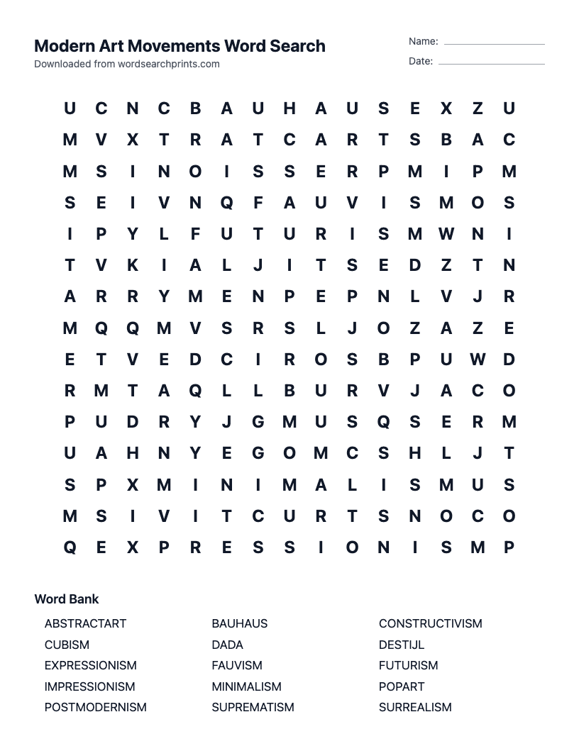 Modern Art Movements Word Search
